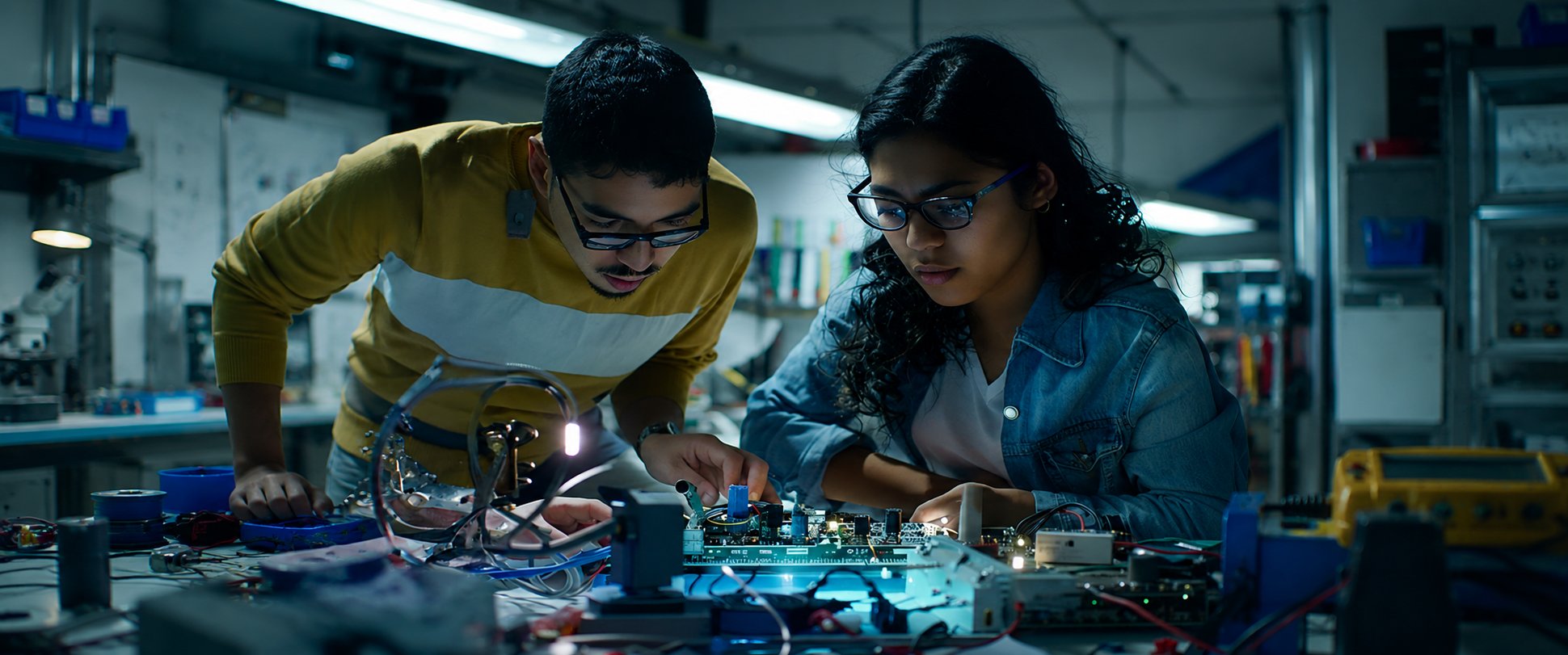dos estudiantes de la carrera de ingenieria electronica UTEC