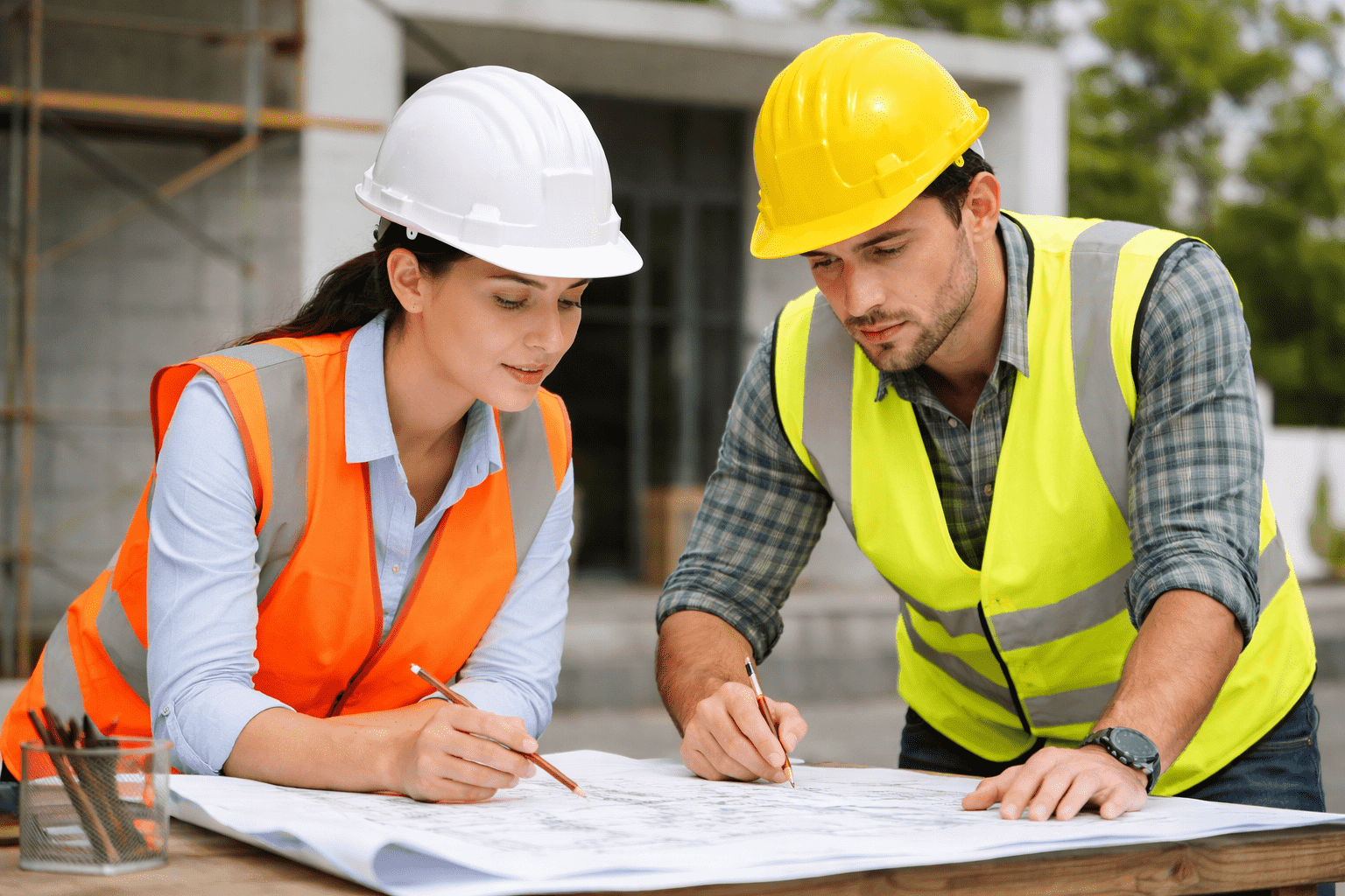 ingeniero e ingeniera revisando planos de obra