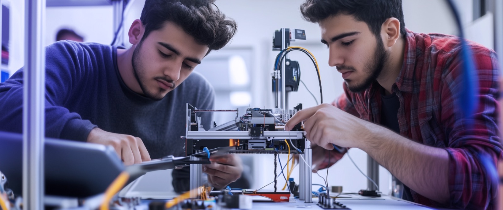 Estudiantes de ingeniería mecatrónica trabajando en laboratorio