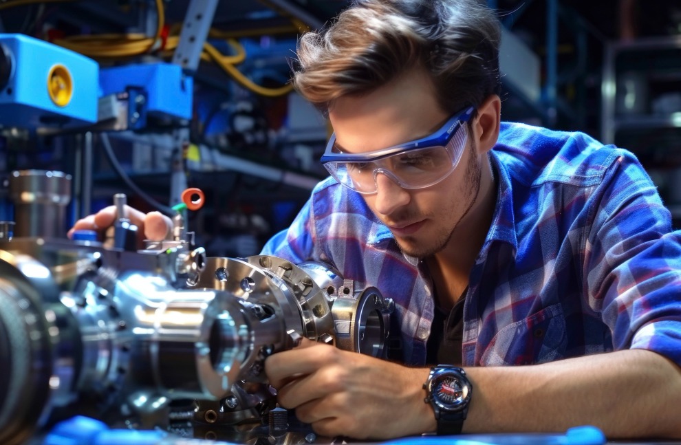 Estudiante de ingeniería mecánica manipulando maquinaria