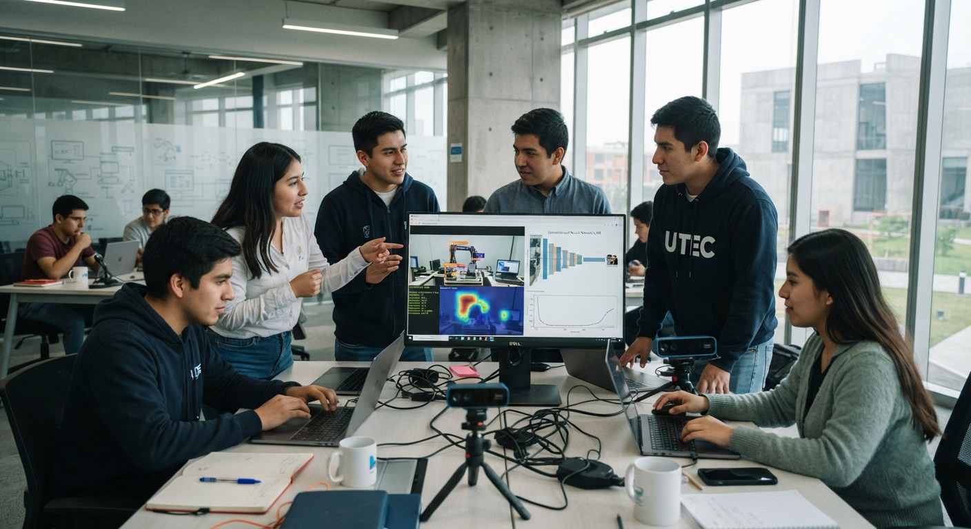Equipo de estudiantes universitarios usando cámaras y software de deep learning para analizar el movimiento de un brazo robótico en el aula