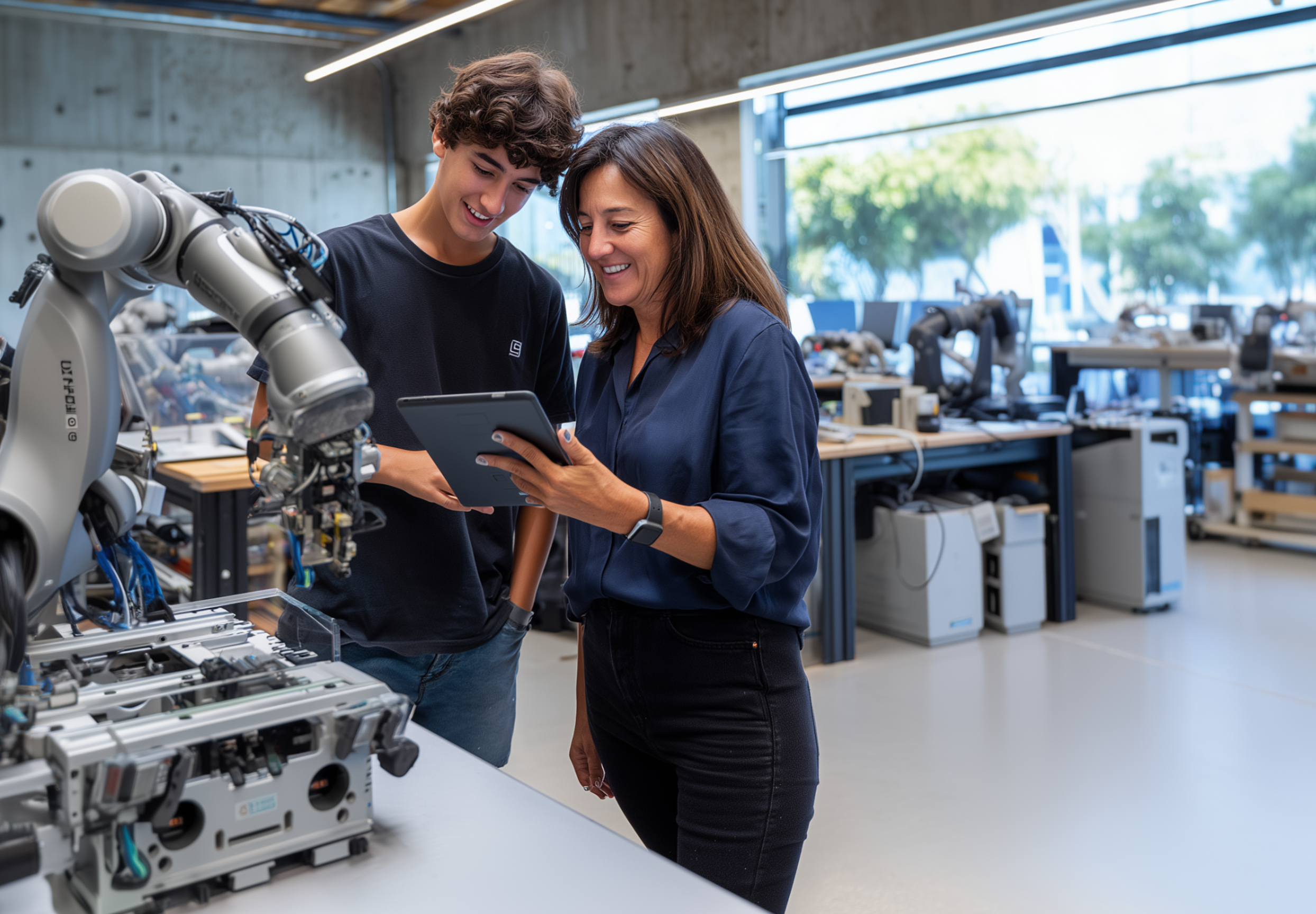 Estudiante y docente revisan información en una tablet junto a un brazo robótico en un laboratorio de ingeniería, representando el aprendizaje práctico y tecnológico en un entorno universitario.