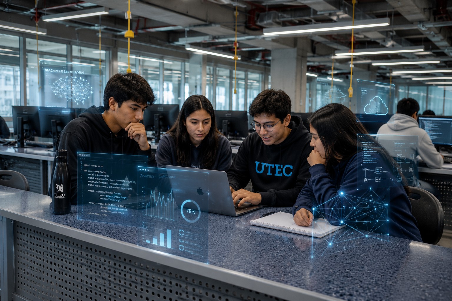  Jóvenes en un aula trabajando frente a pantallas de computadoras de escritorio y laptops, un ejemplo clave de la tecnología en la educación interactiva