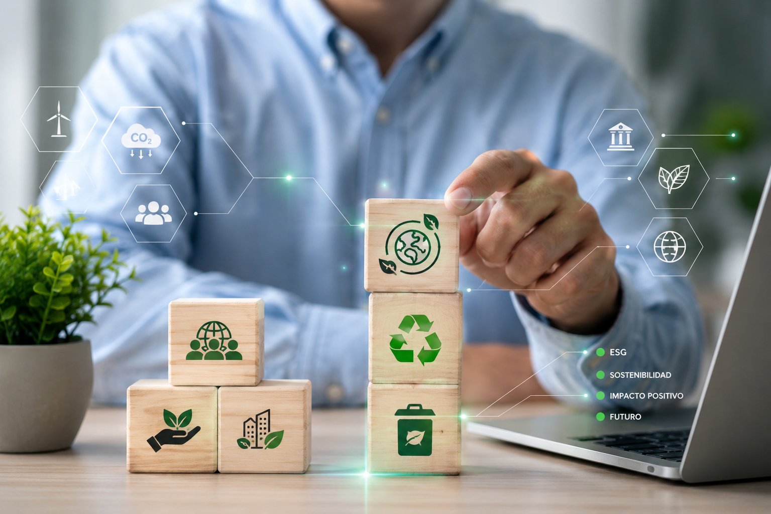  Primer plano de una persona apilando bloques de madera con iconos ecológicos, de reciclaje y comunitarios, representando los pilares fundamentales del desarrollo sostenible y ESG en una empresa