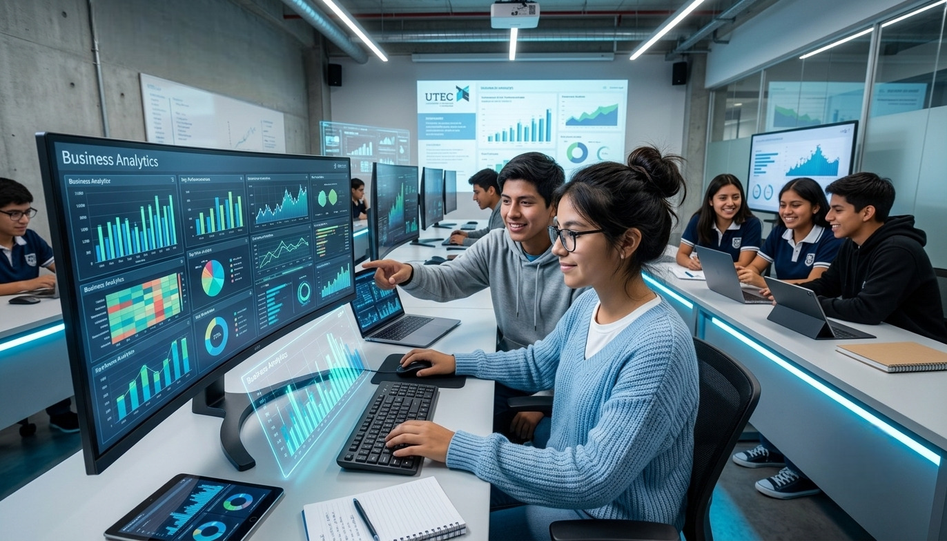 Una joven analiza detallados gráficos de Business Analytics proyectados en una mesa de trabajo interactiva mientras colabora con sus compañeros en un laboratorio tecnológico