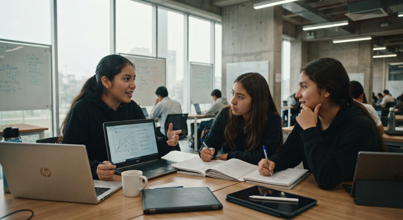 Tres estudiantes resolviendo un desafío académico, donde se observan claramente las características del liderazgo empático y colaborativo