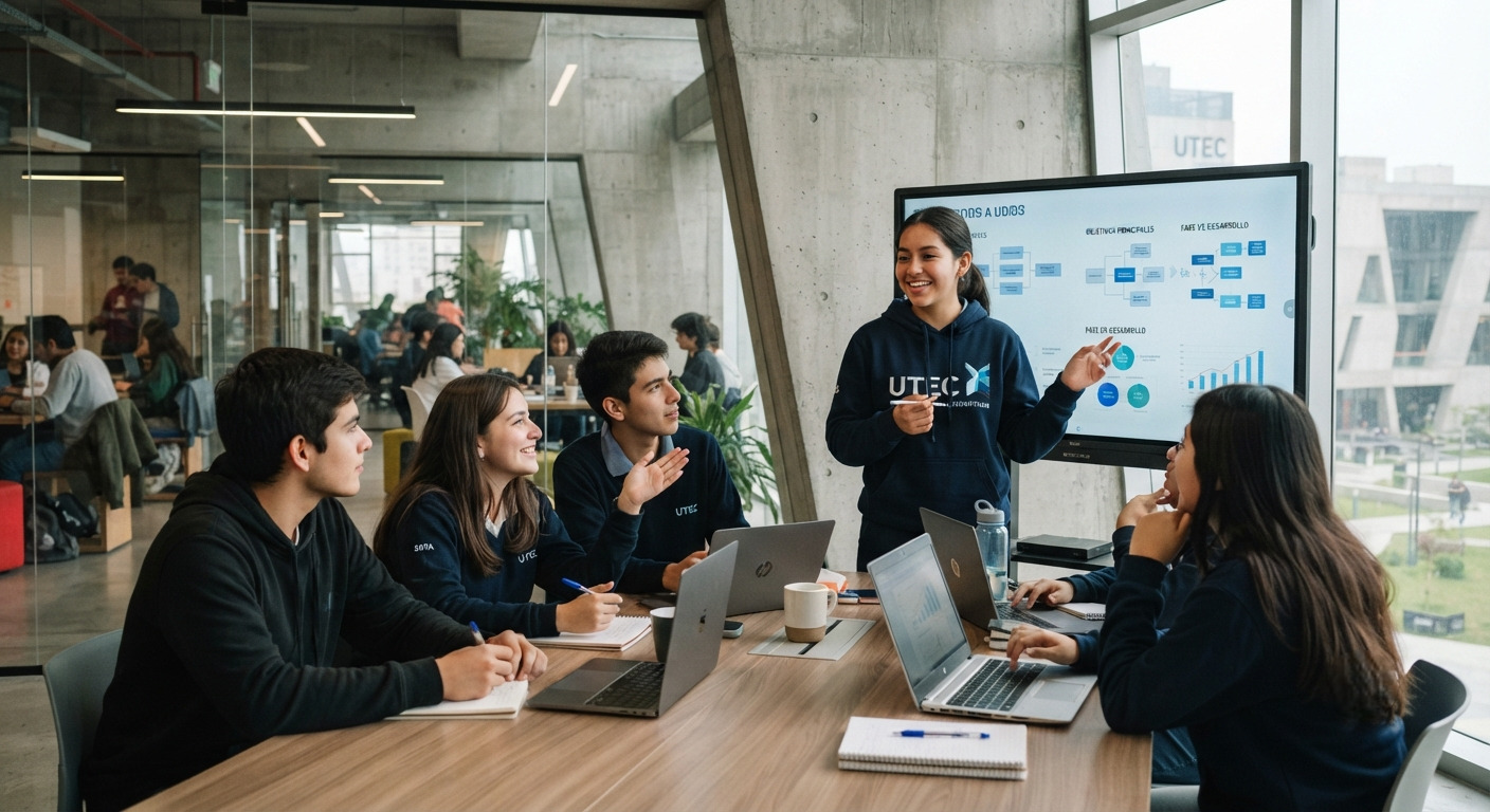 Estudiante presentando un proyecto tecnológico con diagramas, demostrando las características del liderazgo en el entorno de UTEC