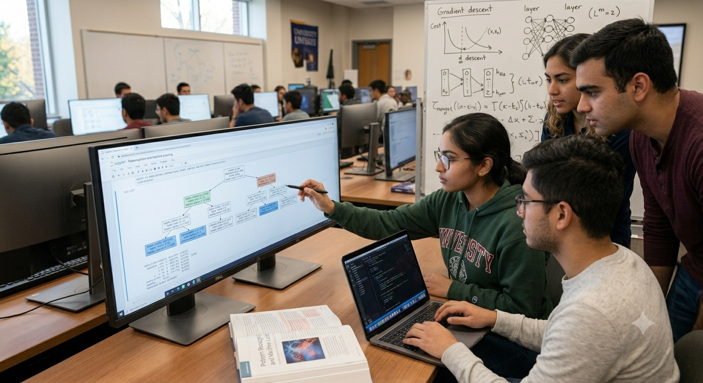 Un profesor de espaldas señala una pantalla grande que muestra diagramas de redes neuronales y fórmulas de retropropagación (backpropagation). En el aula, estudiantes universitarios sentados en anfiteatro atienden y toman notas en portátiles y tabletas digitales, enfocados en la lección de machine learning