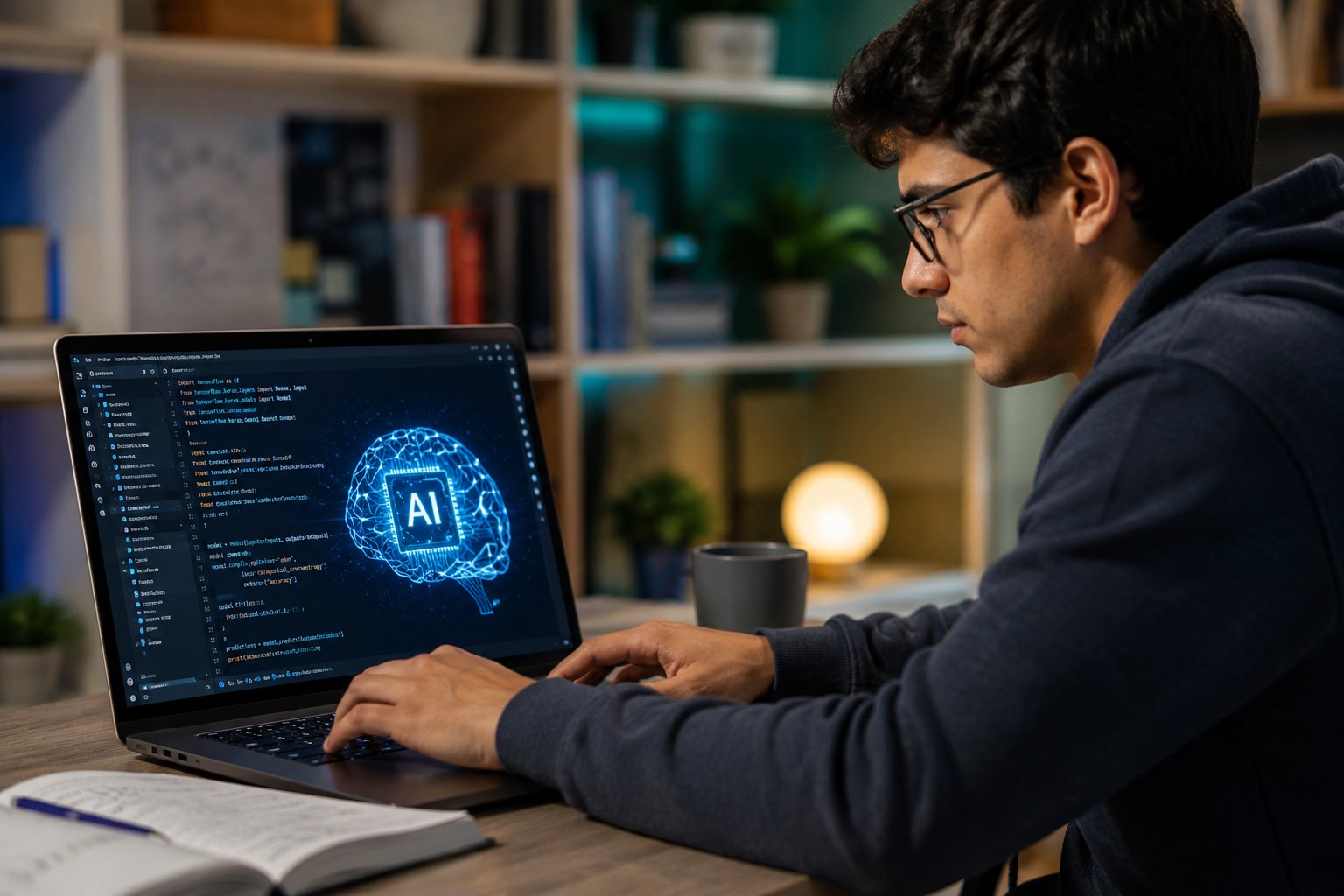 Estudiante universitario programando herramientas de inteligencia artificial en una laptop con código y visualización de IA, como parte de su formación en tecnología y desarrollo de software.