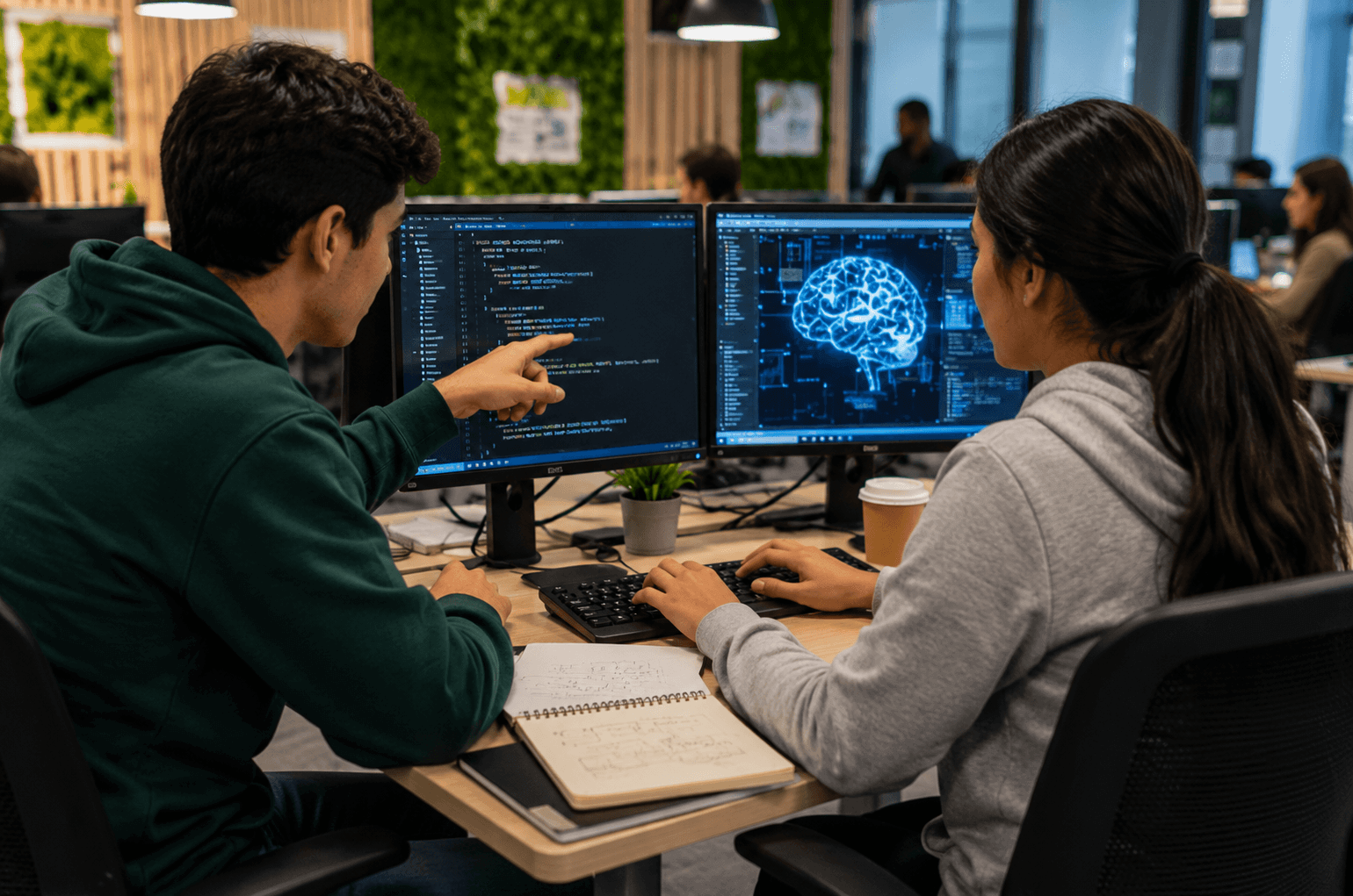 estudiantes de ingeniería de software escribiendo código fuente en su monitor para el desarrollo y optimización de nuevas herramientas de IA