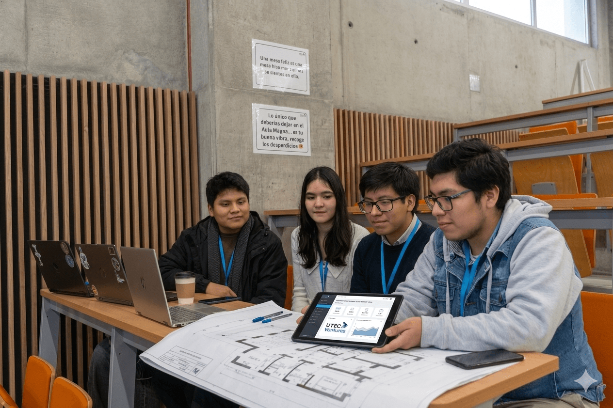Tres jóvenes profesionales analizan información en una tablet sobre una mesa con planos técnicos, mostrando el proceso de mentoría y desarrollo de startups en UTEC Ventures 