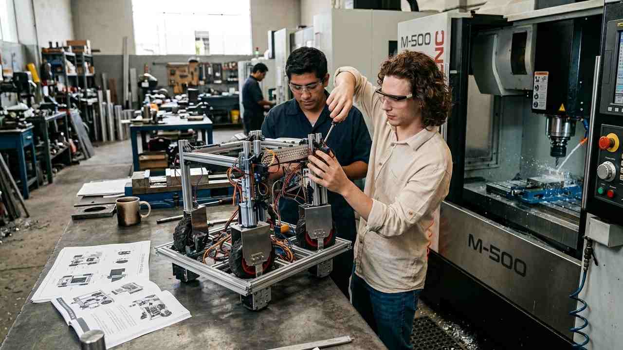 Estudiantes de ingeniería en un laboratorio utilizando un destornillador para ajustar la mecánica de un robot móvil con ruedas y cables expuestos