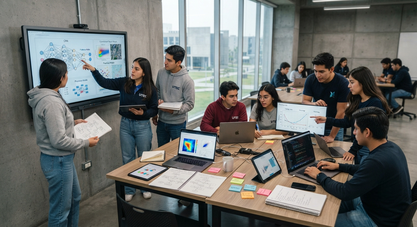 Estudiantes de ingeniería discutiendo resultados de algoritmos de deep learning frente a una pantalla táctil y computadoras portátiles en un espacio de trabajo colaborativo