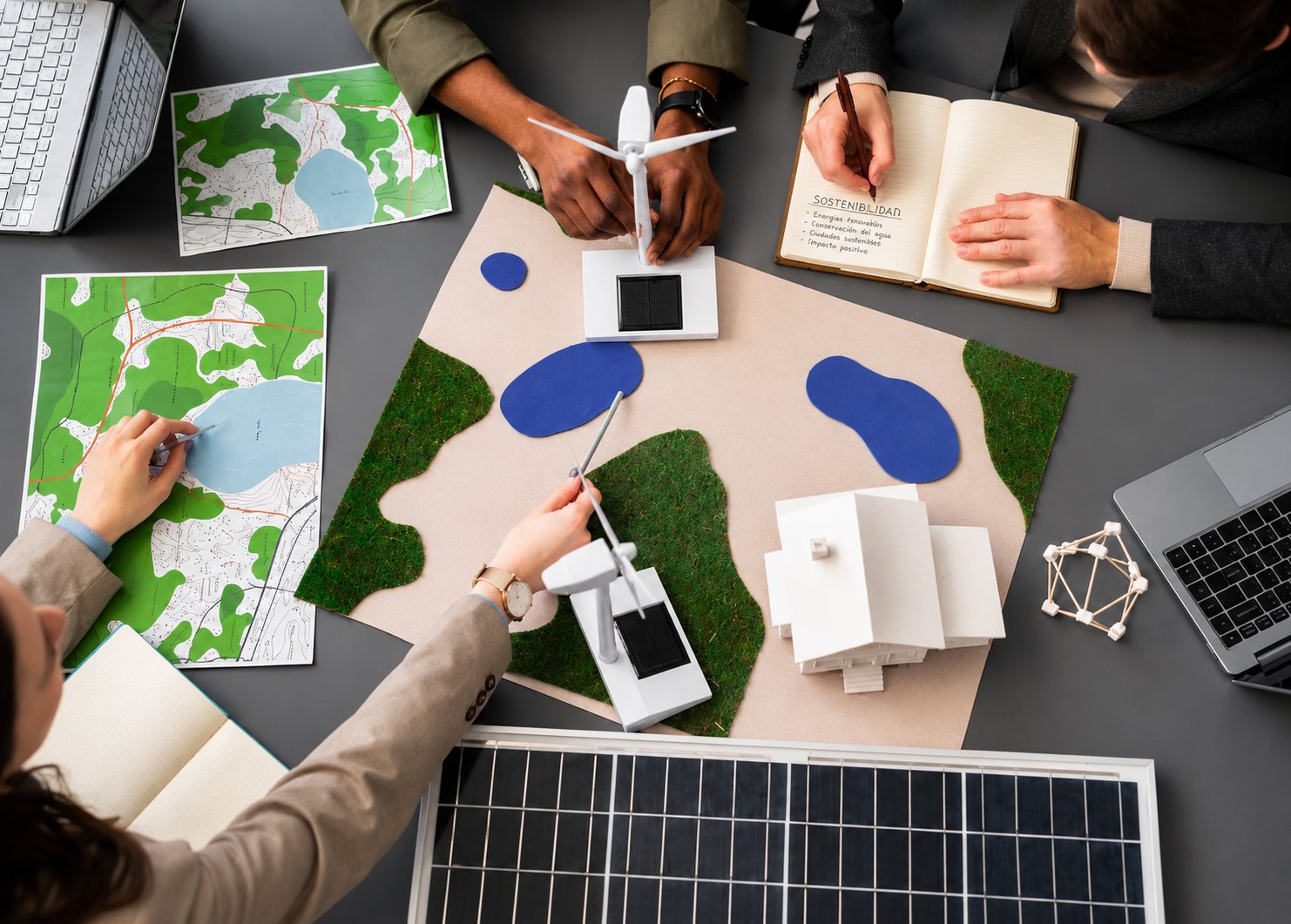 Vista aérea de un equipo de investigadores analizando un mapa y una maqueta con turbinas eólicas y paneles solares sobre una mesa de trabajo, implementando soluciones de sostenibilidad y criterios ESG