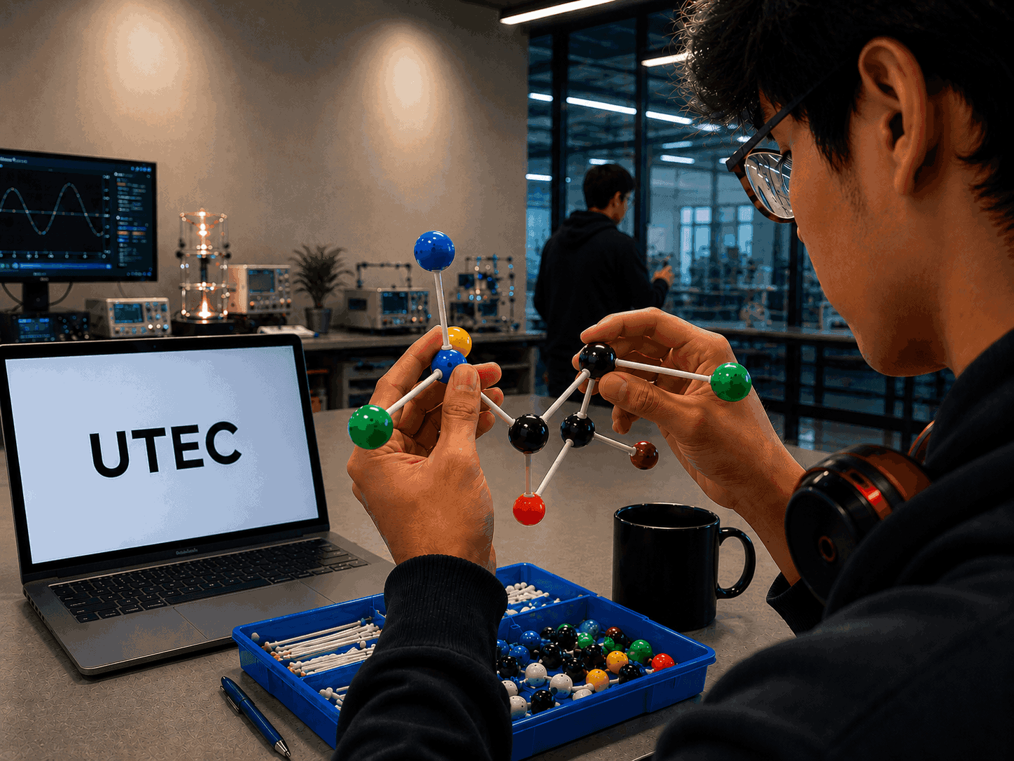 Primer plano de una persona sosteniendo un modelo molecular frente a una computadora, ilustrando el estudio de la física aplicada en la nanotecnología y la termodinámica