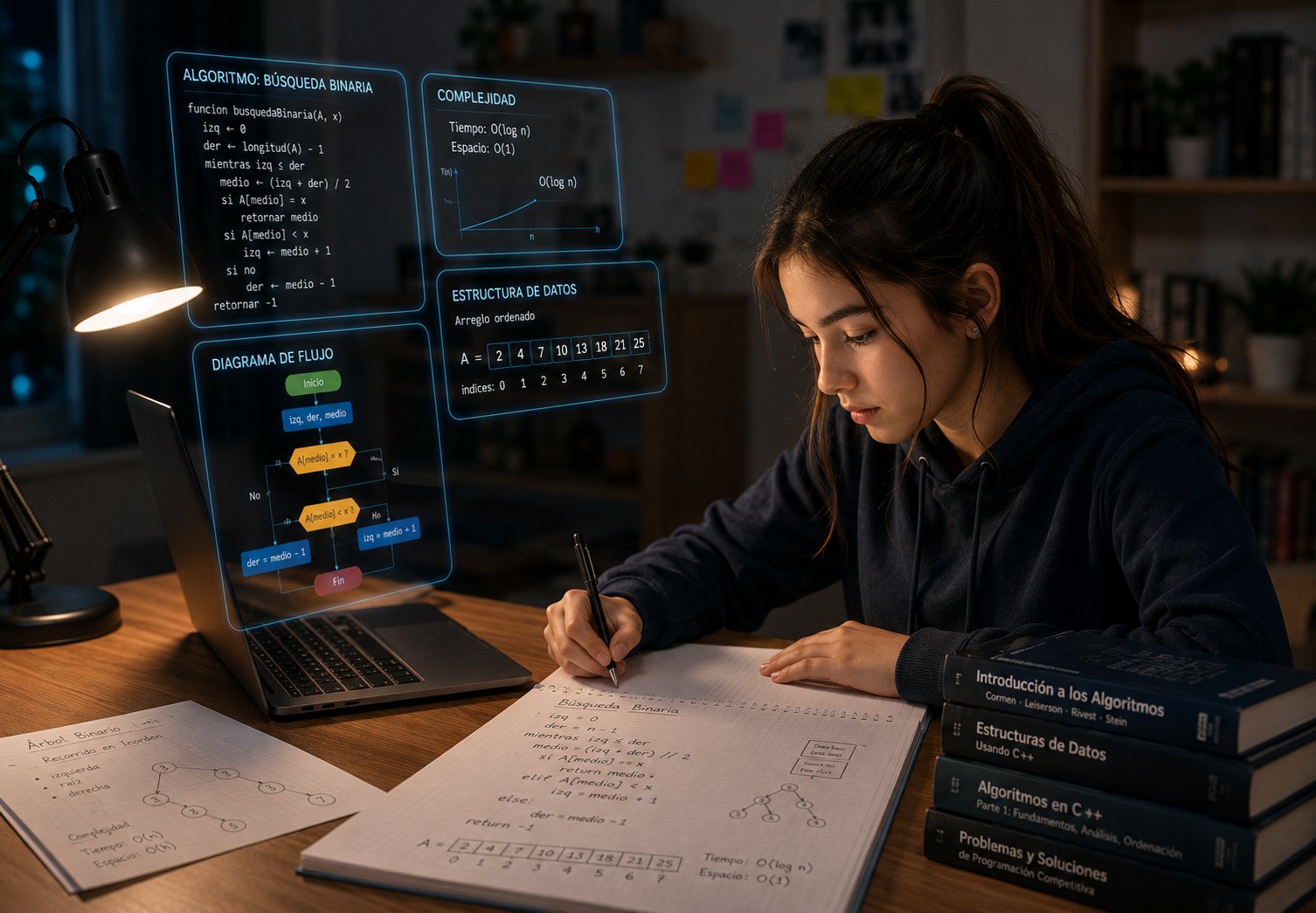Joven estudiante universitaria estudia algoritmos en una computadora portátil mientras revisa diagramas y conceptos de programación.