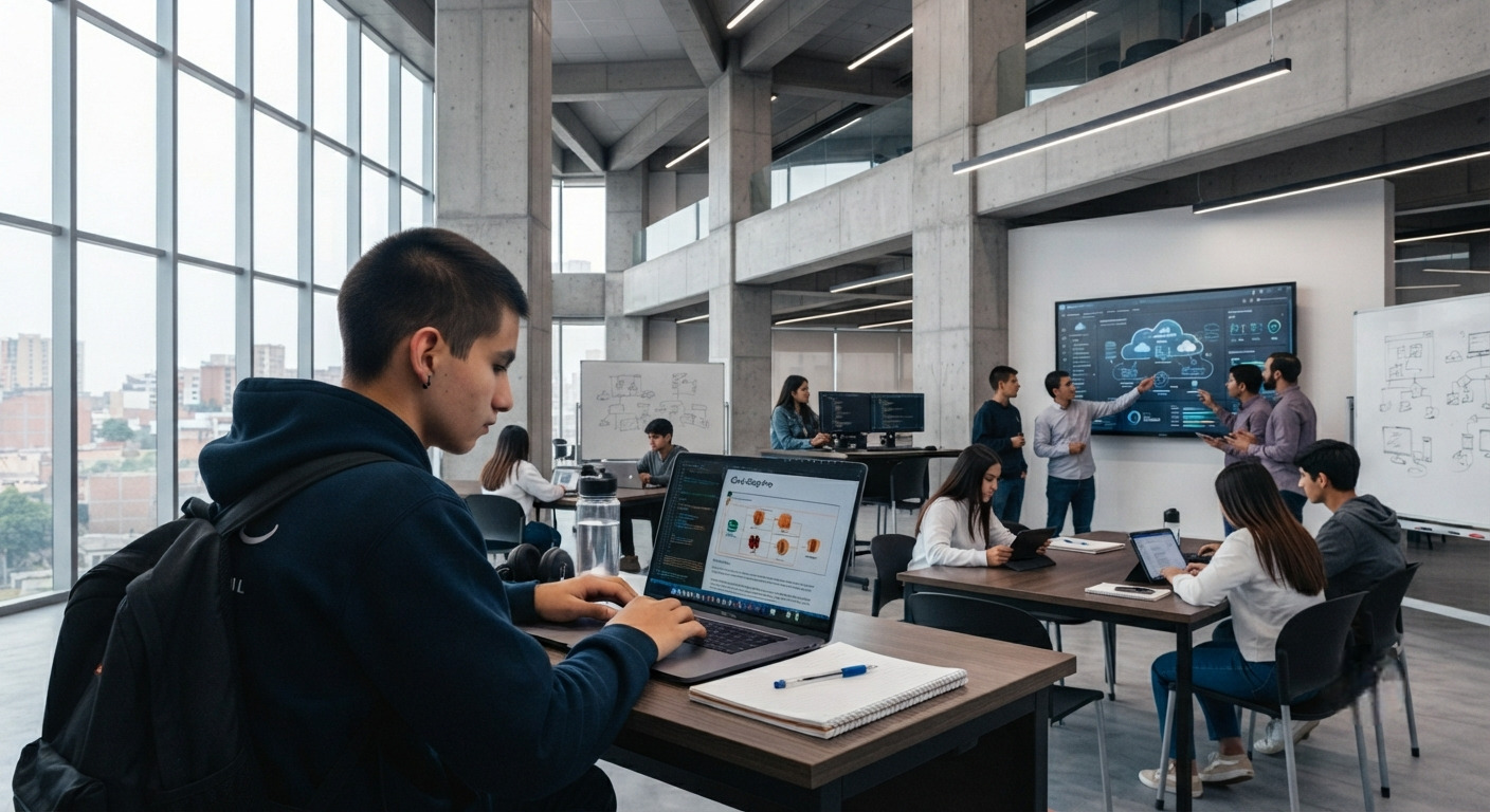 Estudiante universitario concentrado escribiendo código en una laptop en un espacio de trabajo moderno enfocado en cloud computing