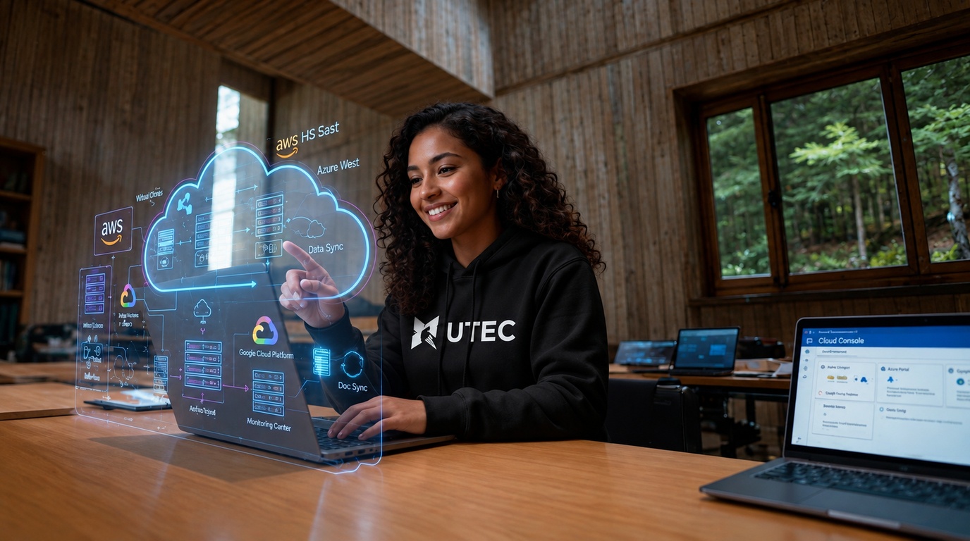 Estudiante universitaria sonriente interactuando con una interfaz holográfica digital que muestra esquemas de red y servicios de cloud computing