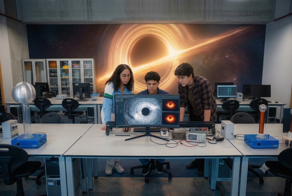Un grupo de jóvenes estudiantes de la carrera de física trabaja en equipo dentro de un laboratorio avanzado de óptica y partículas