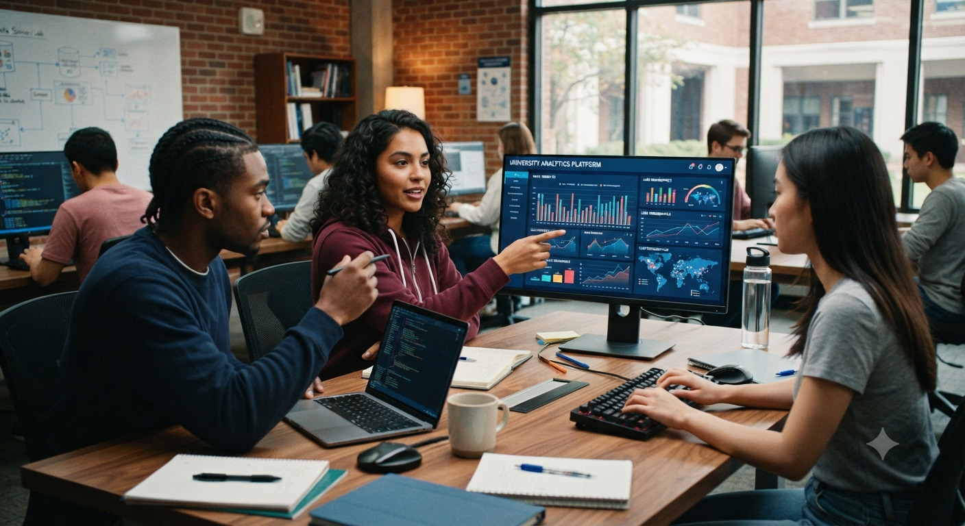 Tres estudiantes universitarios, sentados alrededor de una mesa de laboratorio. Miran dos monitores que muestran dashboards de visualización de datos financieros y demográficos, titulados como 'BIG DATA ANALYTICS PLATFORM'