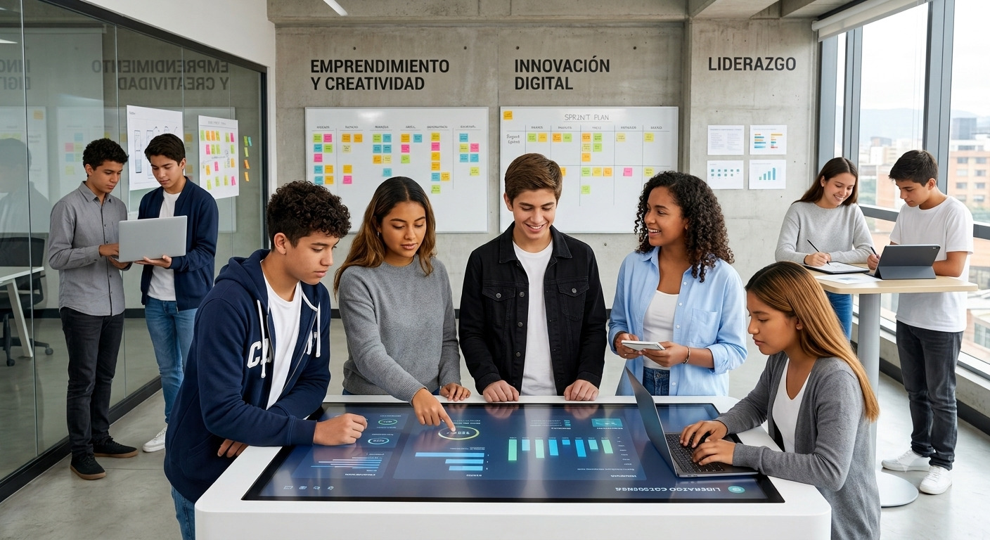 Grupo de jóvenes estudiantes reunidos alrededor de una gran pantalla táctil interactiva analizando gráficos y métricas financieras en una clase de administración y negocios digitales