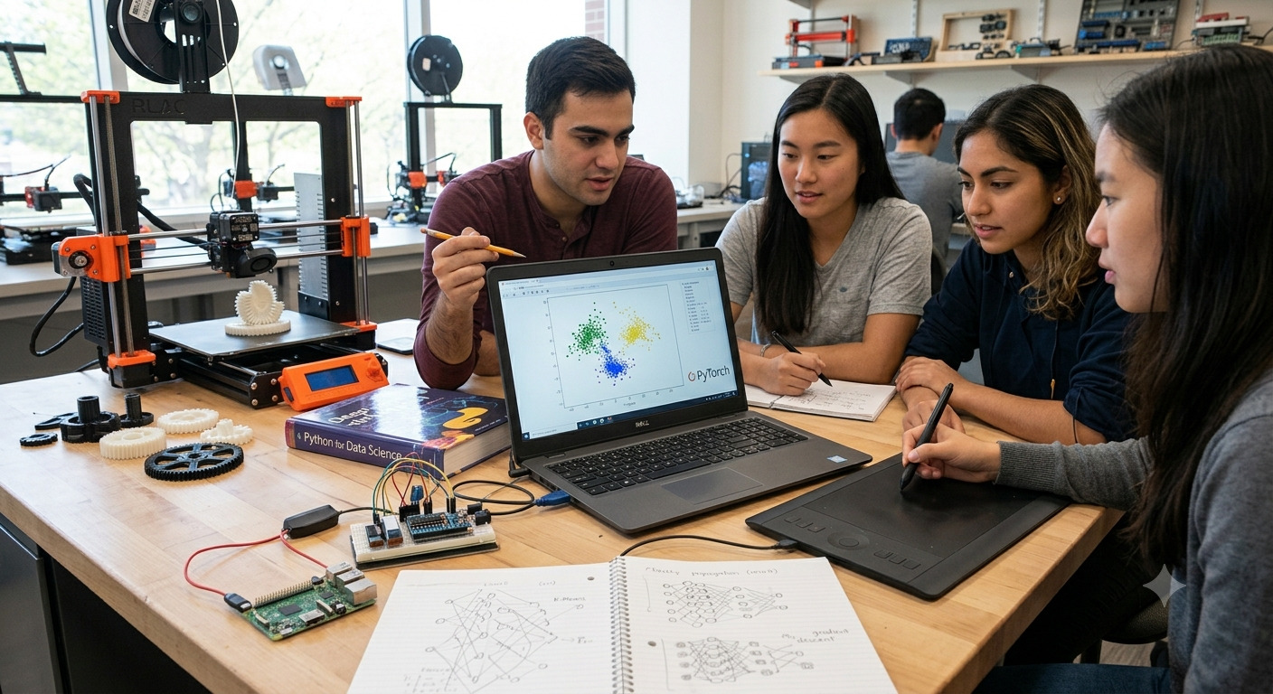 Cuatro estudiantes universitarios reunidos alrededor de una mesa de madera en un laboratorio técnico. En el centro, una laptop muestra un gráfico de dispersión de tres grupos de datos con el logo de PyTorch. Sobre la mesa hay una impresora 3D, una placa de desarrollo conectada, libros de Python y cuadernos con diagramas dibujados a mano sobre machine learning