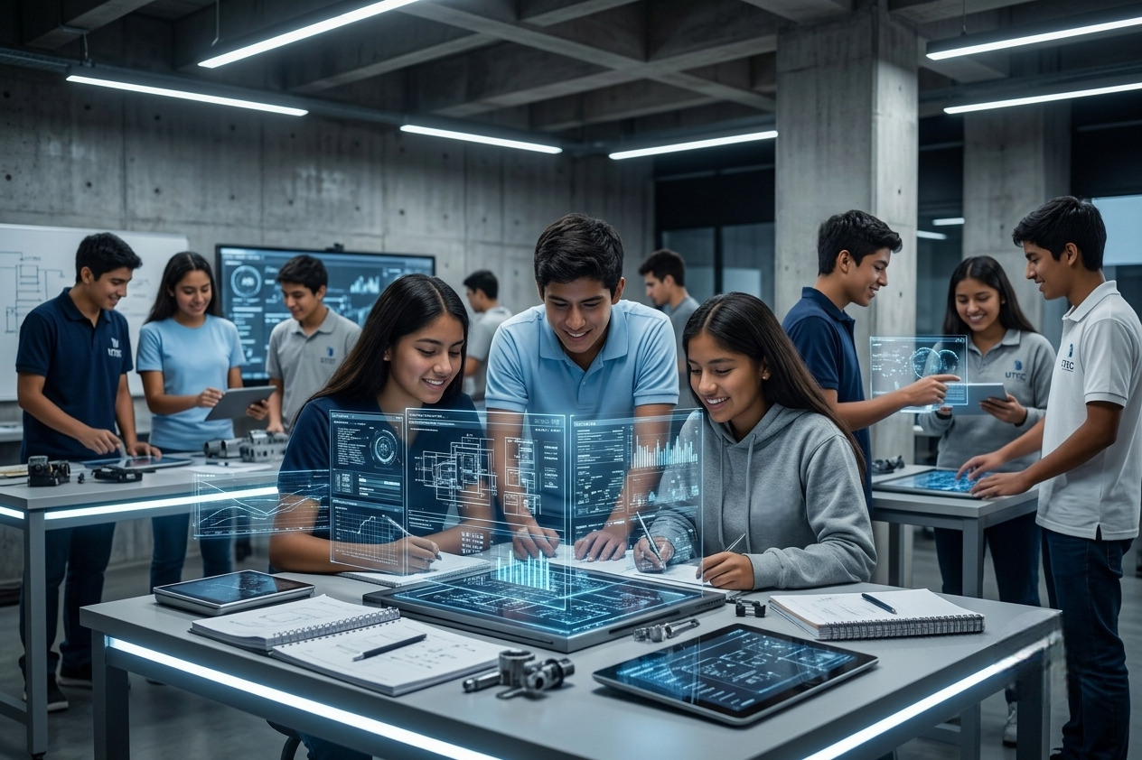 Estudiantes universitarios trabajan frente a grandes monitores que muestran dashboards interactivos de Business Analytics en un aula