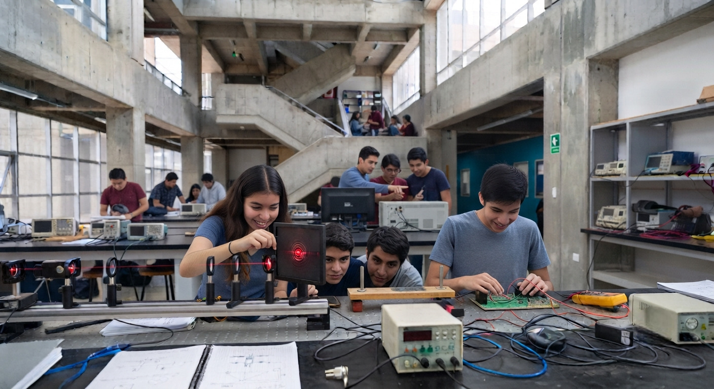  Estudiantes sonrientes realizando una práctica de óptica y circuitos en clase de física