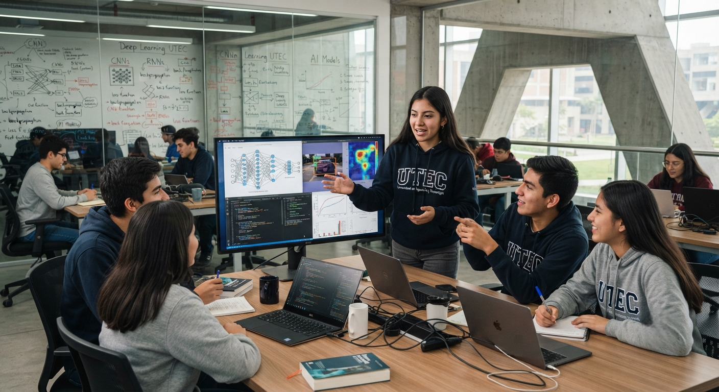 Estudiantes universitarios analizando modelos de red neuronal y código en un monitor para un proyecto de deep learning en un laboratorio tecnológico