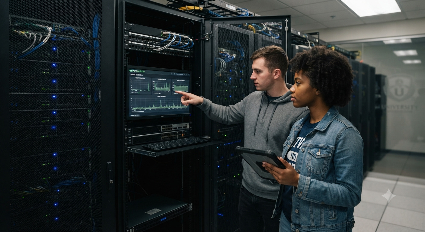 Dos estudiantes universitarios de pie dentro de una sala de servidores técnica, rodeados de racks negros con luces LED azules. Están examinando un monitor de montaje en rack que muestra el 'BIG DATA CLUSTER HEALTH' dashboard con gráficos de rendimiento del sistema en tiempo real