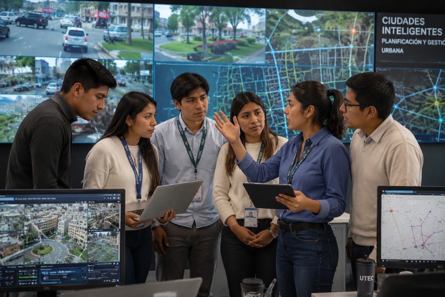 Un grupo analiza pantallas de vigilancia y mapas de tráfico en tiempo real para optimizar la movilidad y los servicios de entrega dentro de las ciudades futuristas