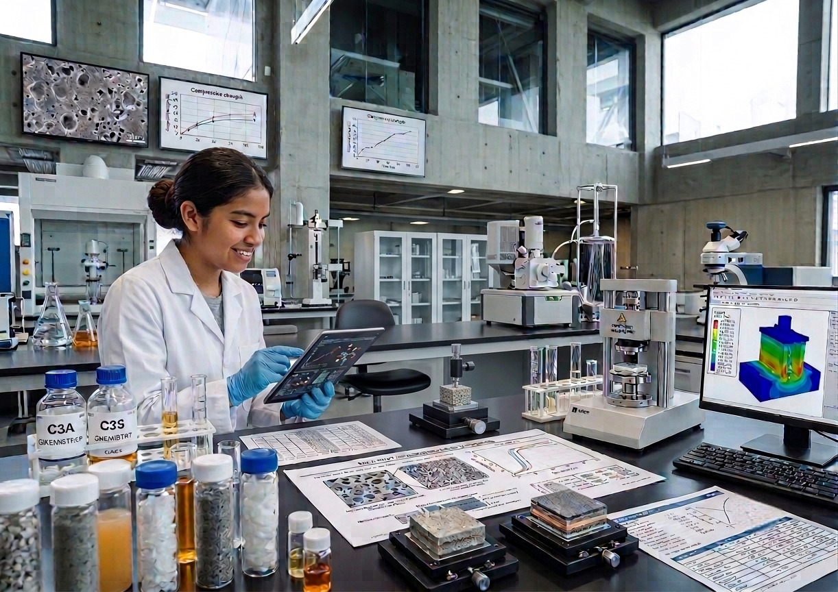 Investigadora de ingeniería química analiza muestras de cemento en un laboratorio universitario.