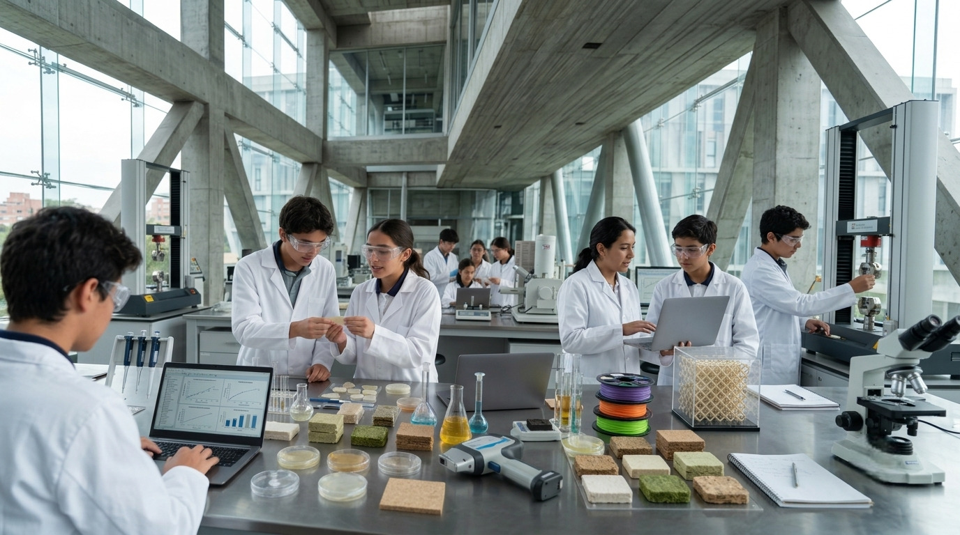 grupo de estudiantes de ingeniería química, con batas de laboratorio y gafas de seguridad, trabajan en un amplio laboratorio