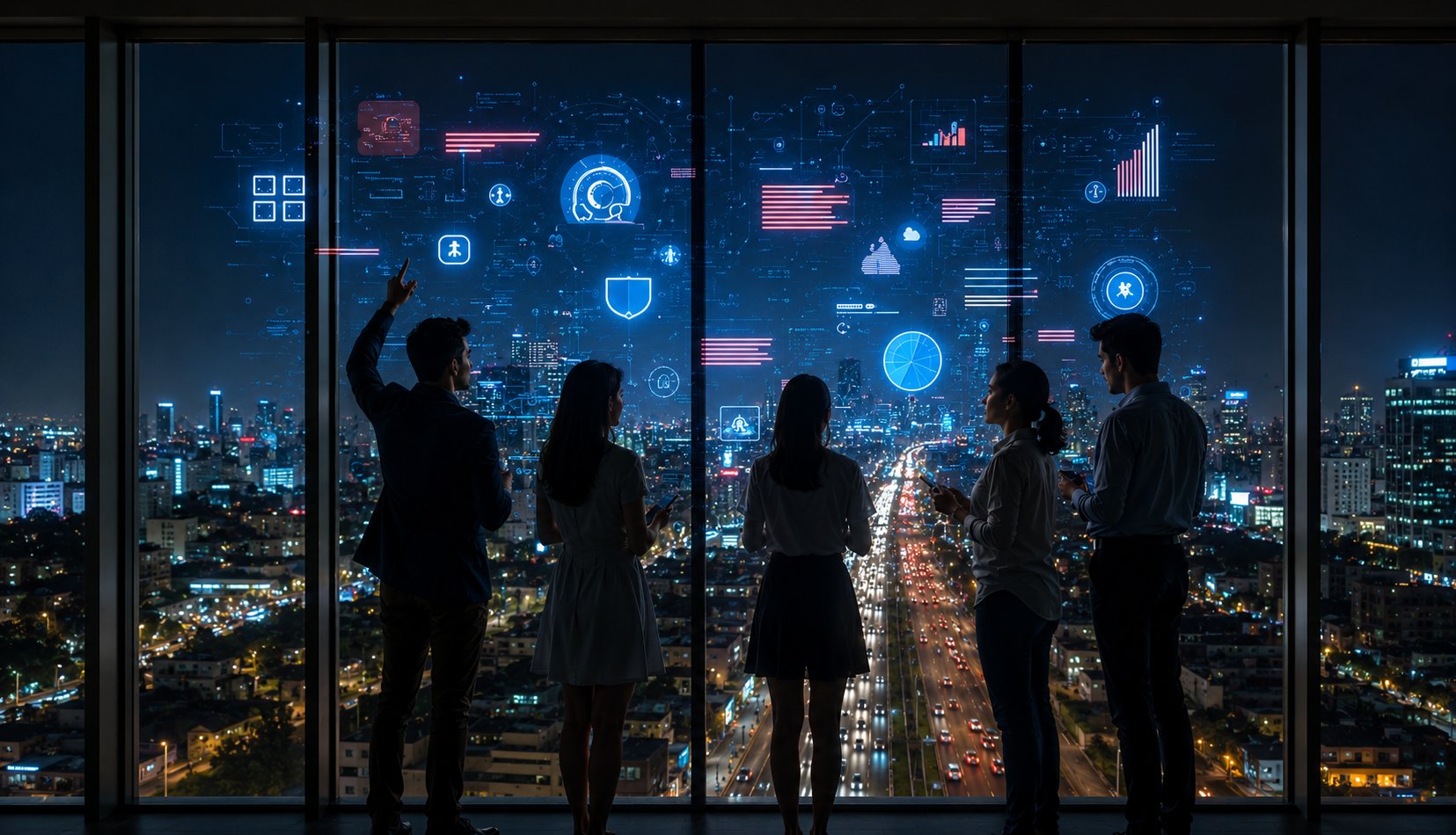Un equipo de profesionales observa una enorme pantalla digital futurista con gráficos de datos e interfaces tecnológicas frente a un ventanal de la ciudad, representando la innovación empresarial y el análisis estratégico