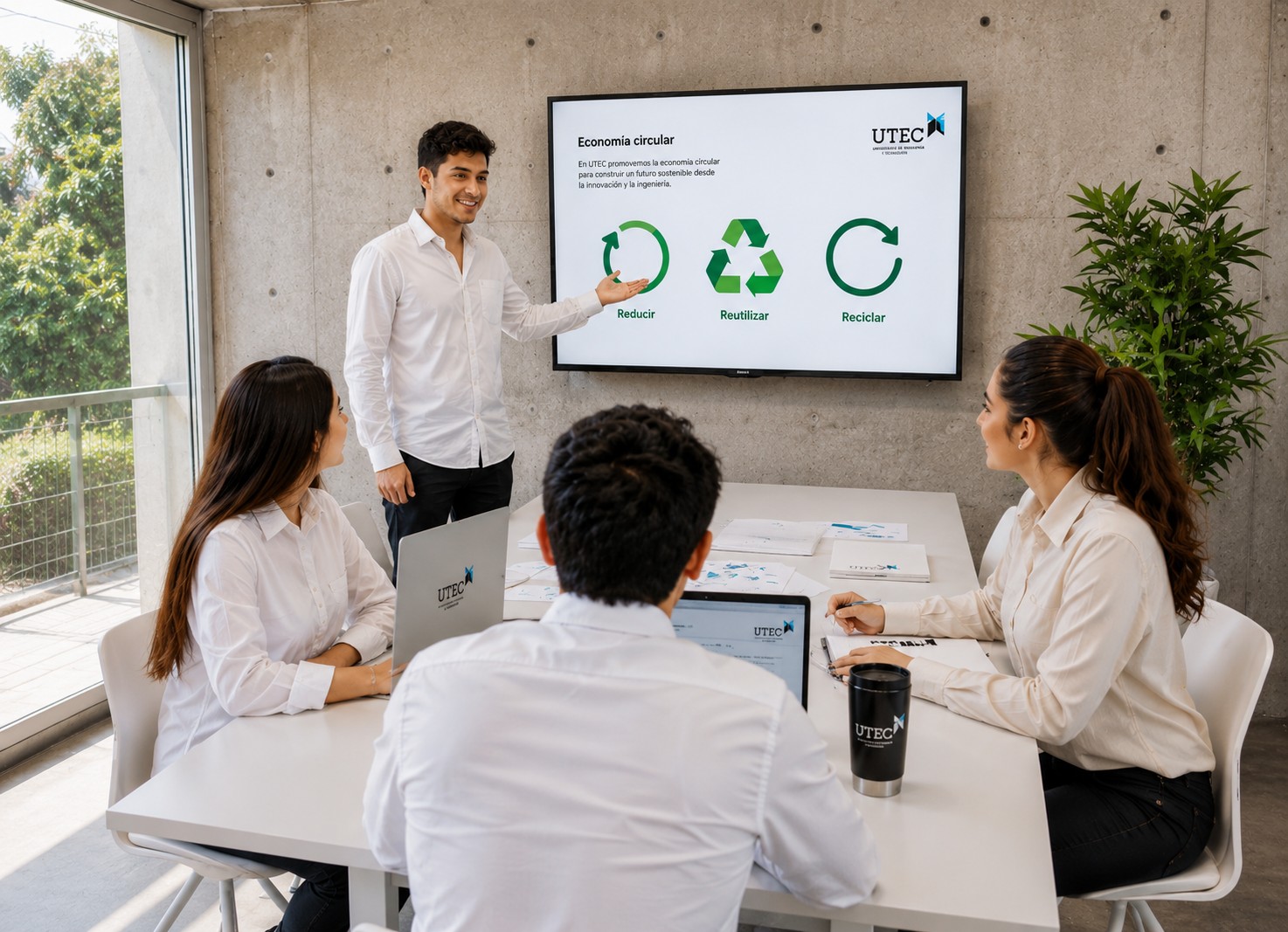 Un facilitador muestra en una pantalla digital diversos iconos de reciclaje y energía limpia como parte de los instrumentos de gestión ambiental para el equipo de trabajo