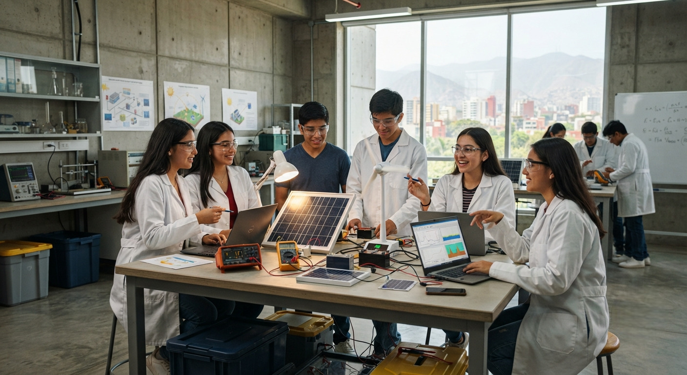 Grupo de estudiantes con batas blancas trabajando en proyectos de investigación sobre distintos tipos de energía