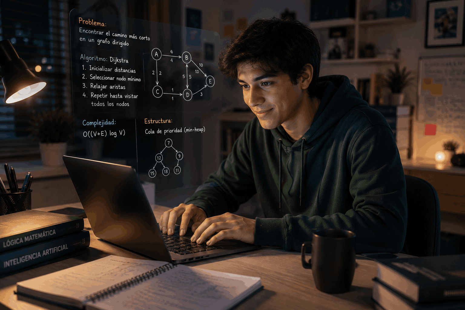 Joven estudiante universitario sonríe levemente mientras trabaja en una computadora, observando líneas de código y representaciones visuales relacionadas con algoritmos y programación.