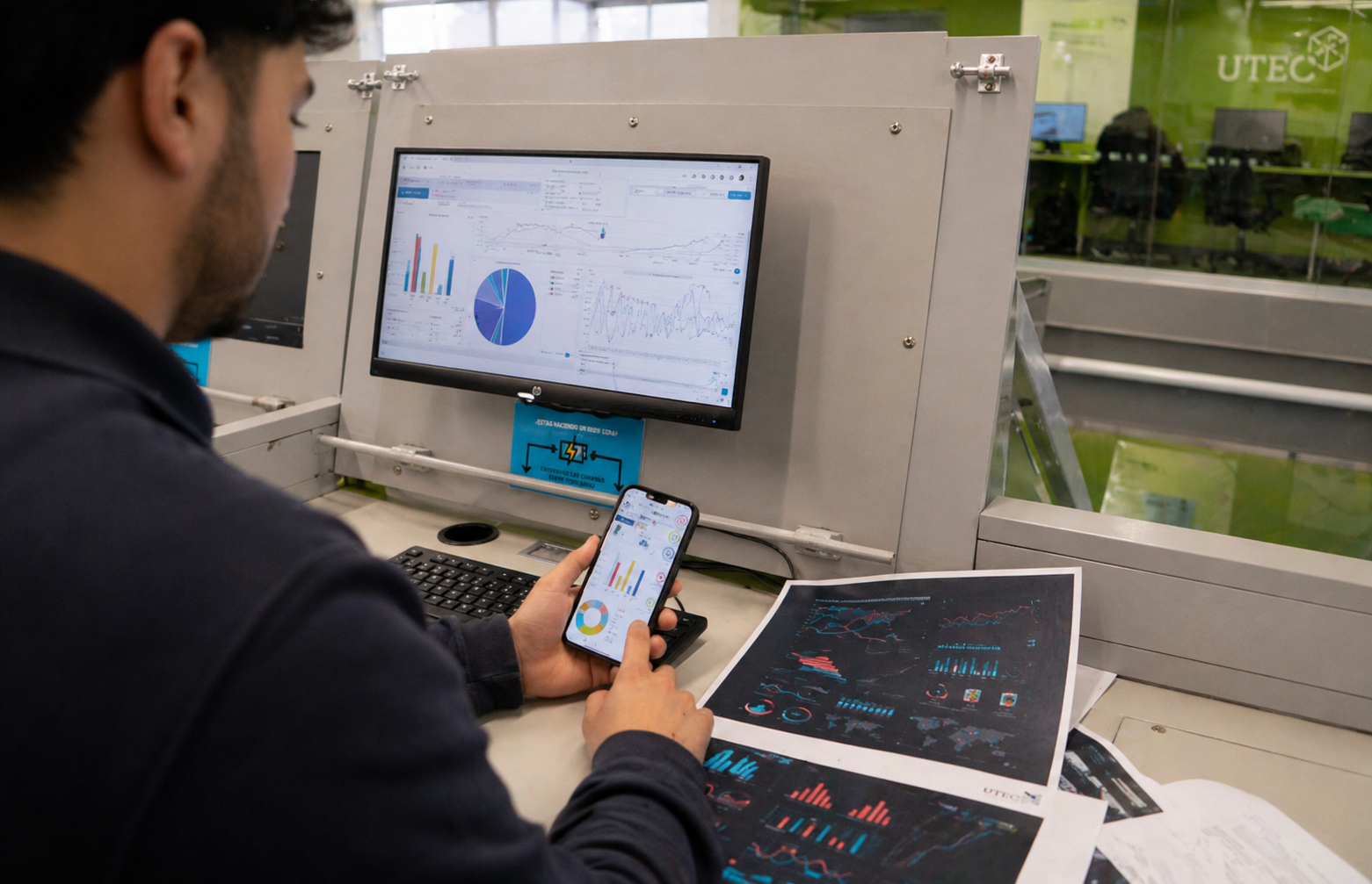  Una profesional de oficina sostiene un gráfico de líneas ascendentes que muestra el rendimiento de Business Analytics frente a una laptop con métricas y diagramas circulares