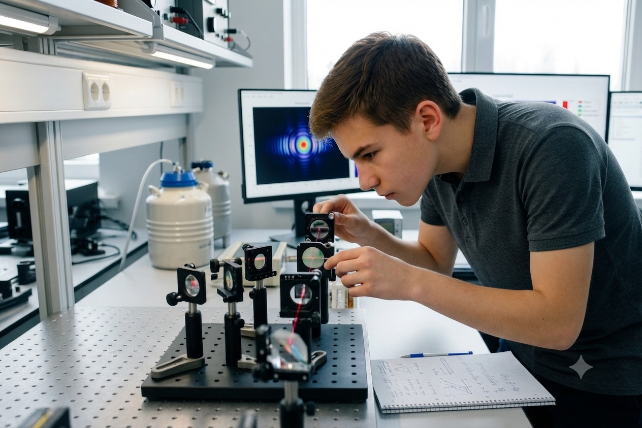 Un joven ajusta con precisión lentes ópticas en un laboratorio de física, mientras en el monitor del fondo se observa un patrón de difracción de luz