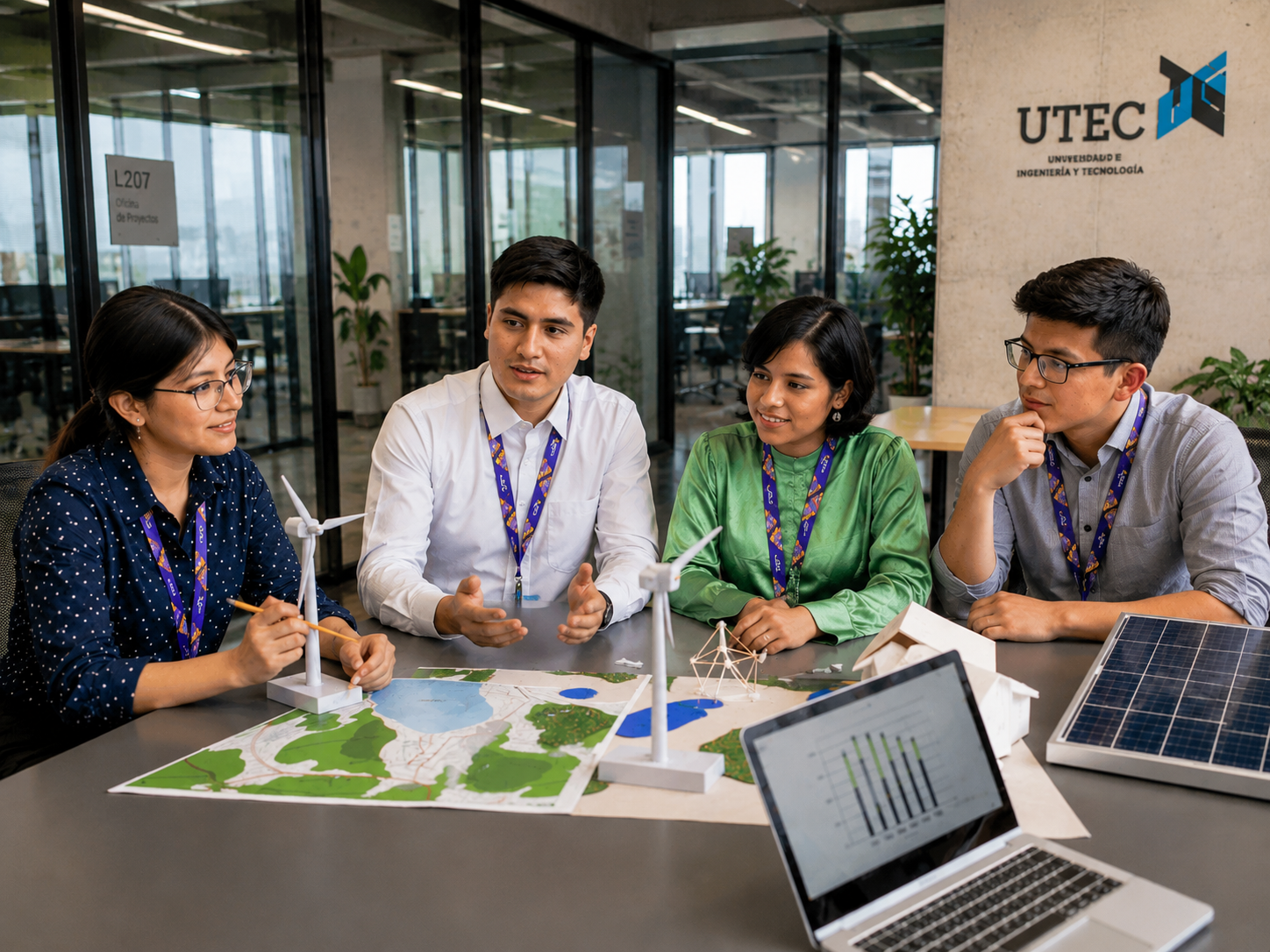 Equipo de trabajo en una oficina técnica evalúa maquetas de turbinas eólicas y mapas de terreno, aplicando instrumentos de gestión ambiental para el desarrollo de energías renovables