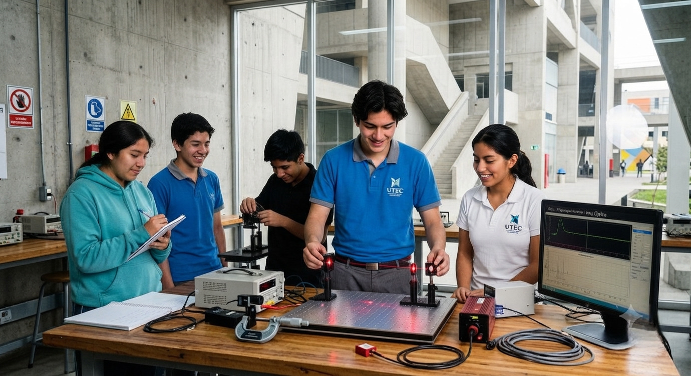 Estudiantes en clase de física realizando una práctica de óptica y láseres sobre una mesa de trabajo