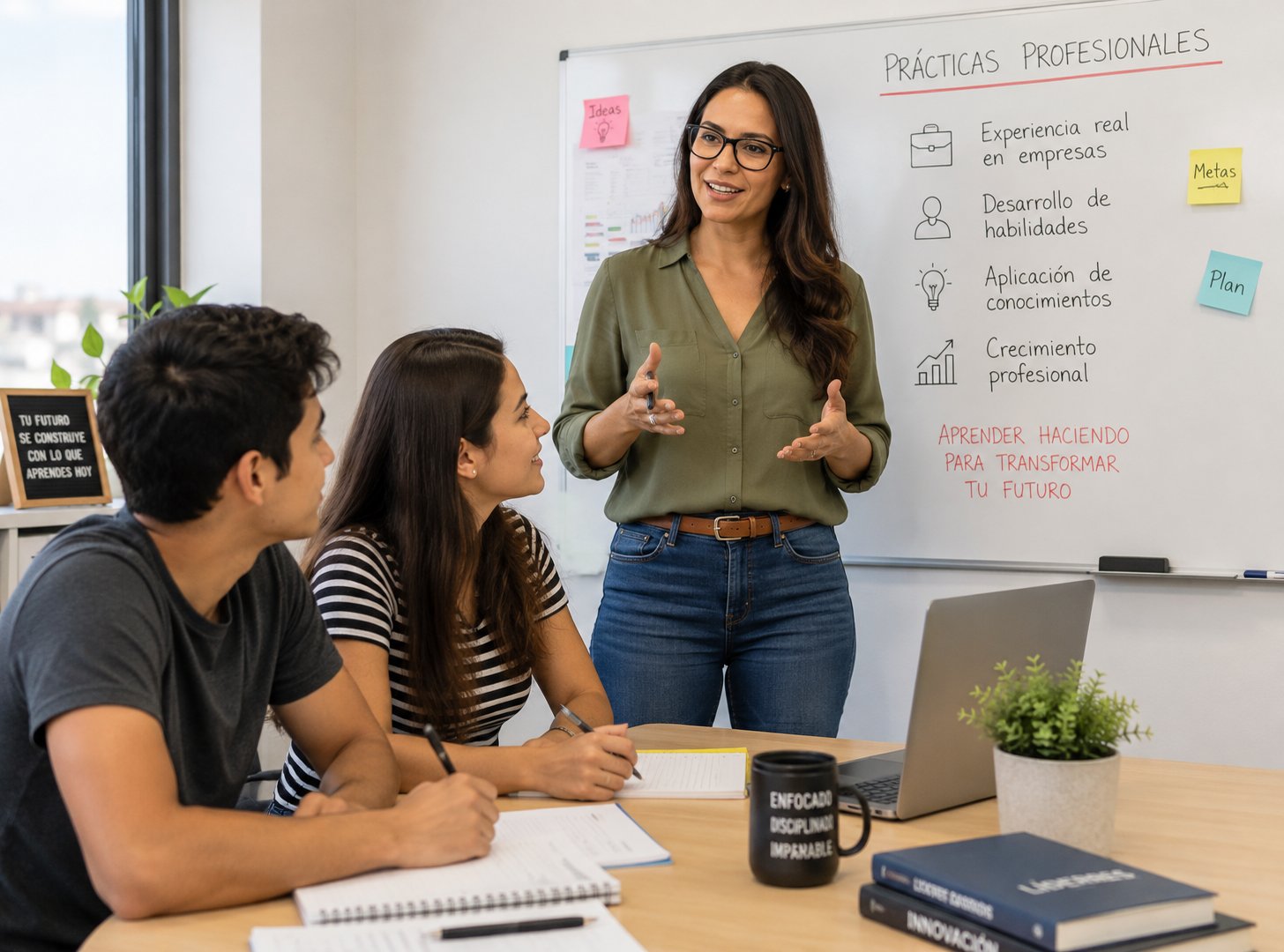 Una joven profesional lidera una reunión de trabajo en una oficina moderna, mostrando una tableta a sus compañeros como parte de sus prácticas profesionales en Perú