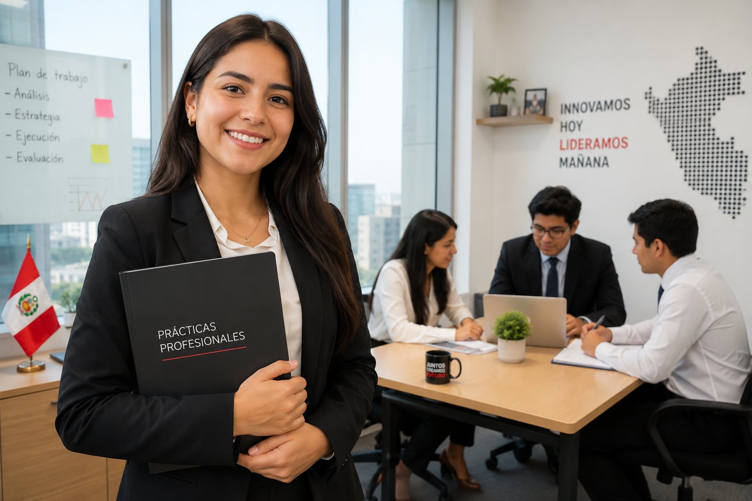 Una joven sonriente en traje sastre sostiene un folder en primer plano, mientras su equipo trabaja al fondo de la oficina durante sus prácticas profesionales en Perú