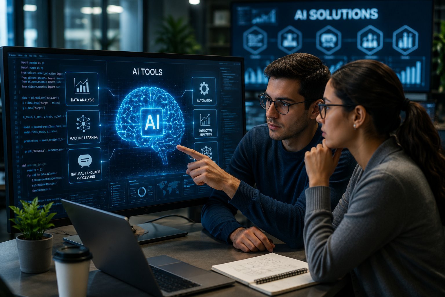 Profesionales de tecnología analizando una interfaz gráfica con un holograma de cerebro digital interactivo centrado en soluciones y herramientas de IA