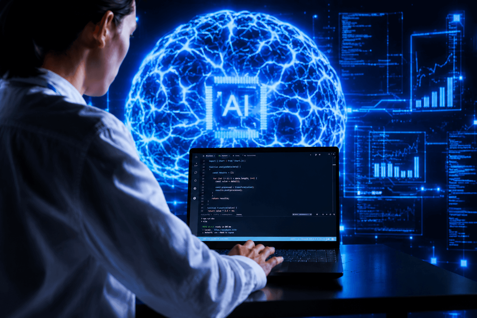Programador escribiendo código para un sistema de computación cuántica en su laptop, con una interfaz gráfica de un cerebro digital iluminado al fondo