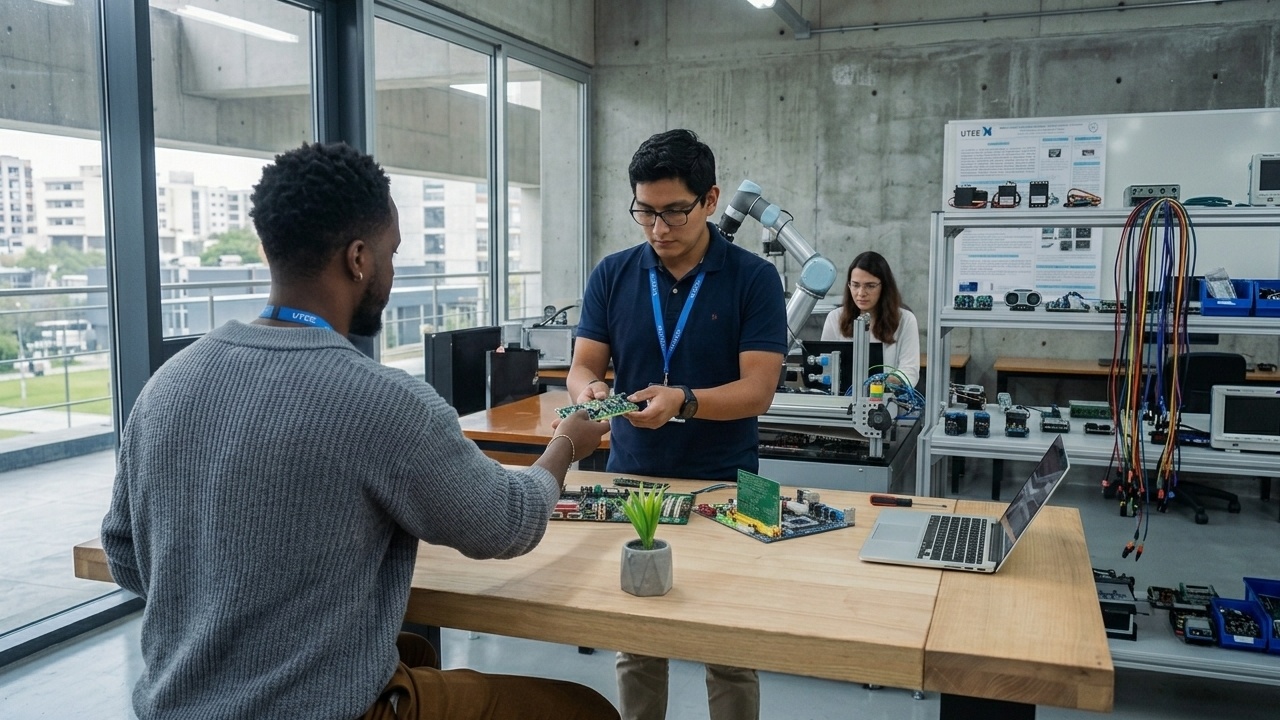  Dos técnicos trabajando en una mesa con placas base; uno de ellos entrega un componente a su compañero, aplicando principios de mecánica de precisión para el ensamblaje de hardware