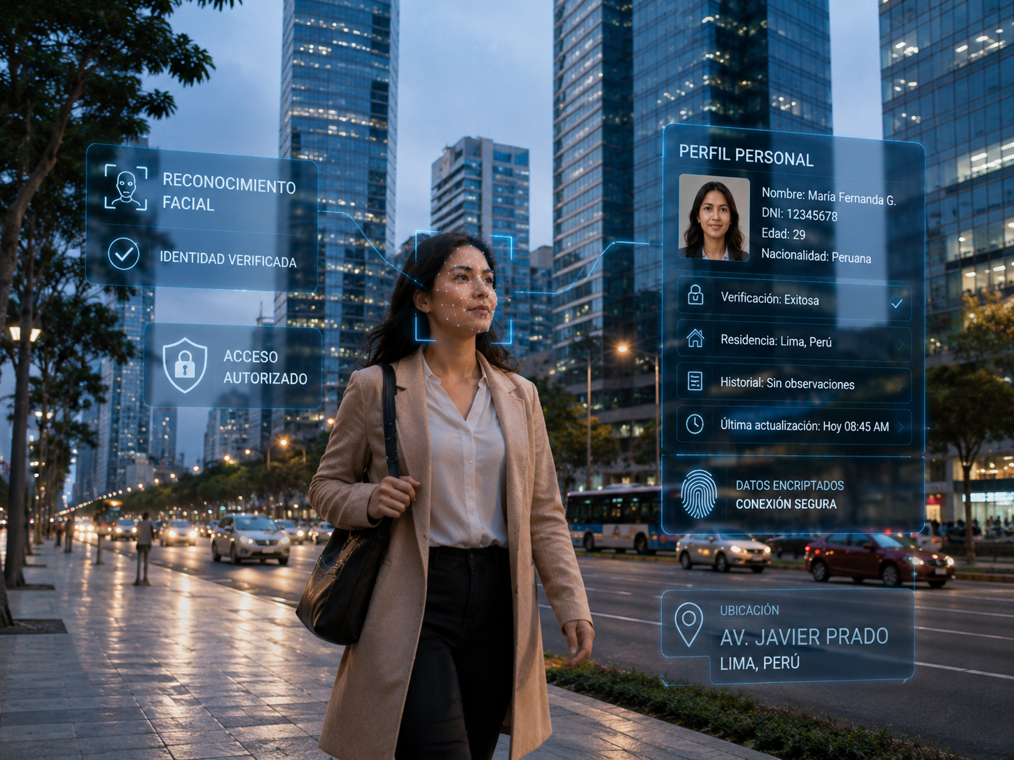  Mujer caminando por una urbe moderna con una interfaz de reconocimiento facial y escaneo de datos personales, ilustrando la seguridad tecnológica de las ciudades futuristas