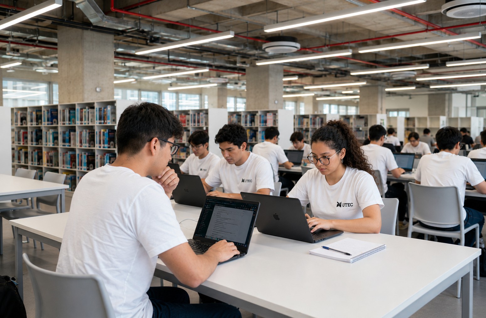 Estudiantes concentrados en sus laptops individuales en una biblioteca, reflejando el rol de la tecnología en la educación autónoma