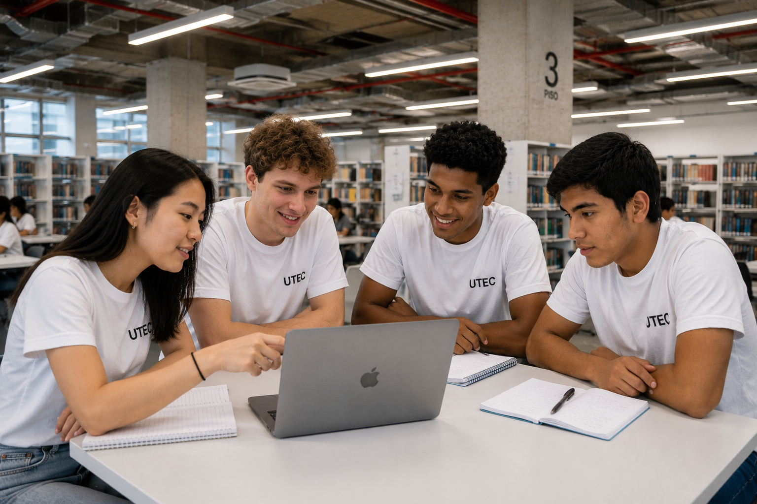 Cuatro jóvenes de diversas culturas colaboran en grupo usando una laptop en una mesa, demostrando los beneficios de la tecnología en la educación actual