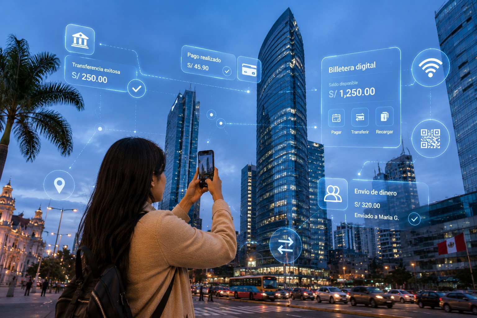 Una mujer toma una fotografía a un rascacielos mientras se superponen gráficos digitales de aplicaciones de pago y transferencias, representando la conectividad en las ciudades futuristas